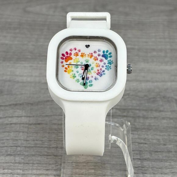 Rainbow Accessories - Rainbow Paw Print Heart Silicone Watch - White